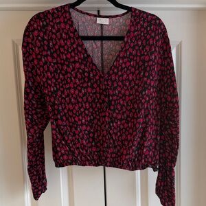 Abound Black and Pink Floral V-Neck Blouse